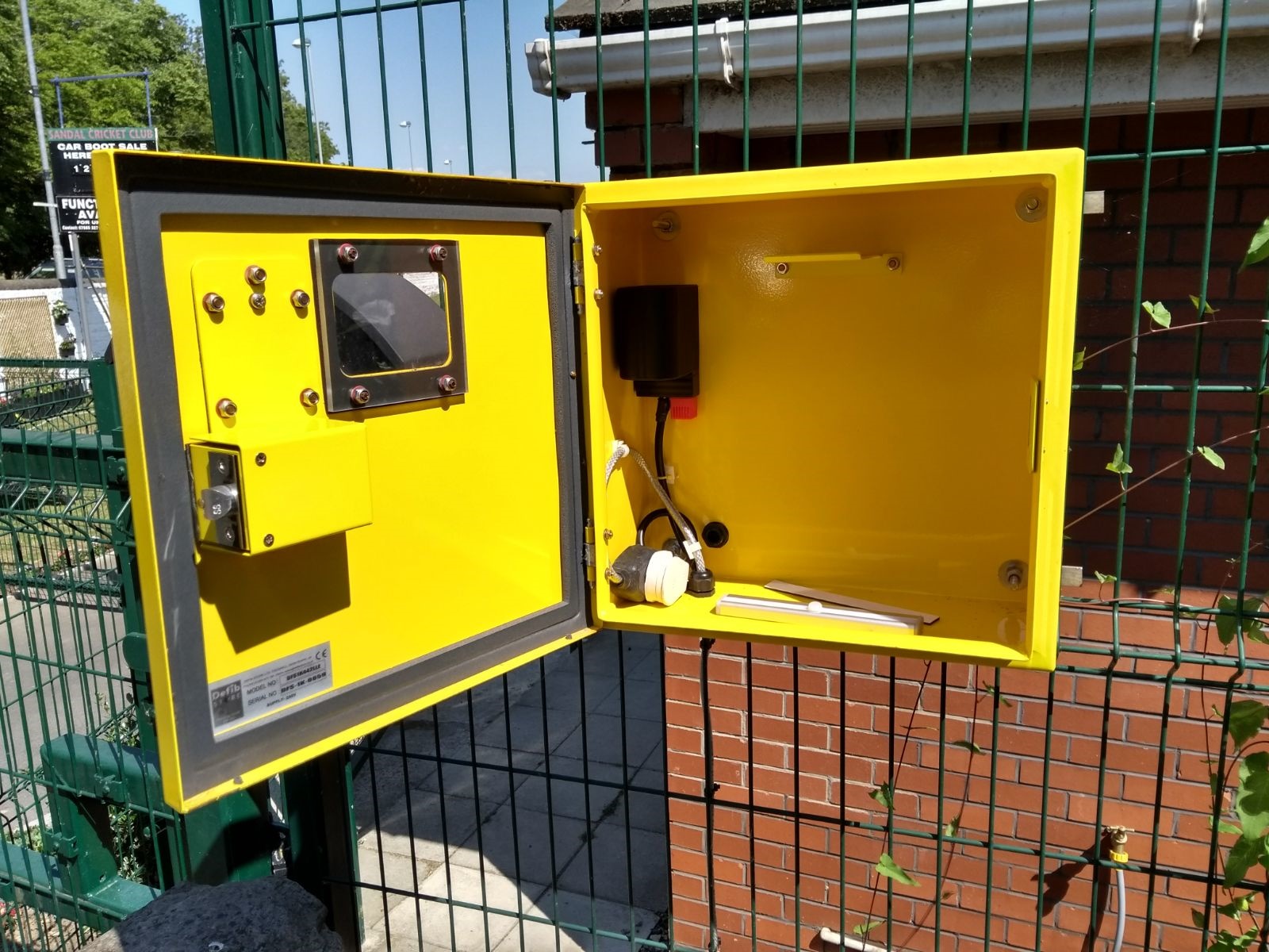 Empty defibrillator cabinet at Sandal Cricket Club