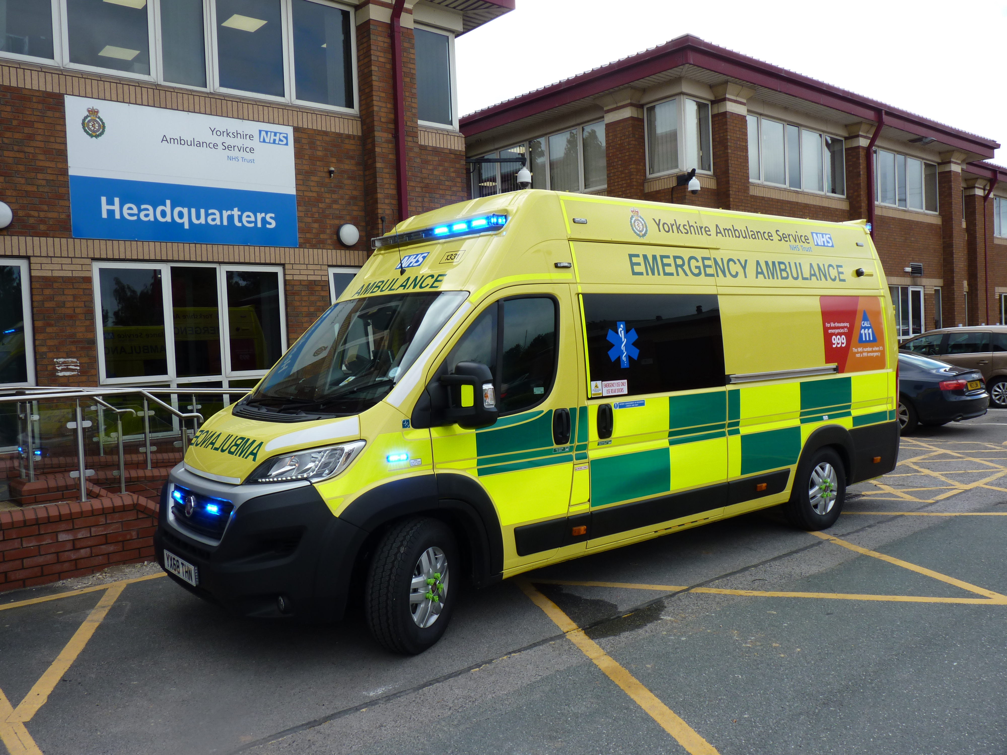 Emergency ambulance parked outside of Yorkshire Ambulance Service HQ.