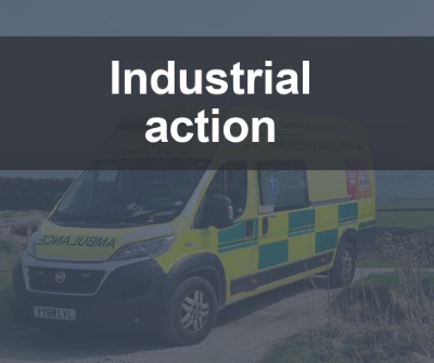 Image of ambulance with 'Industrial Action' written in text