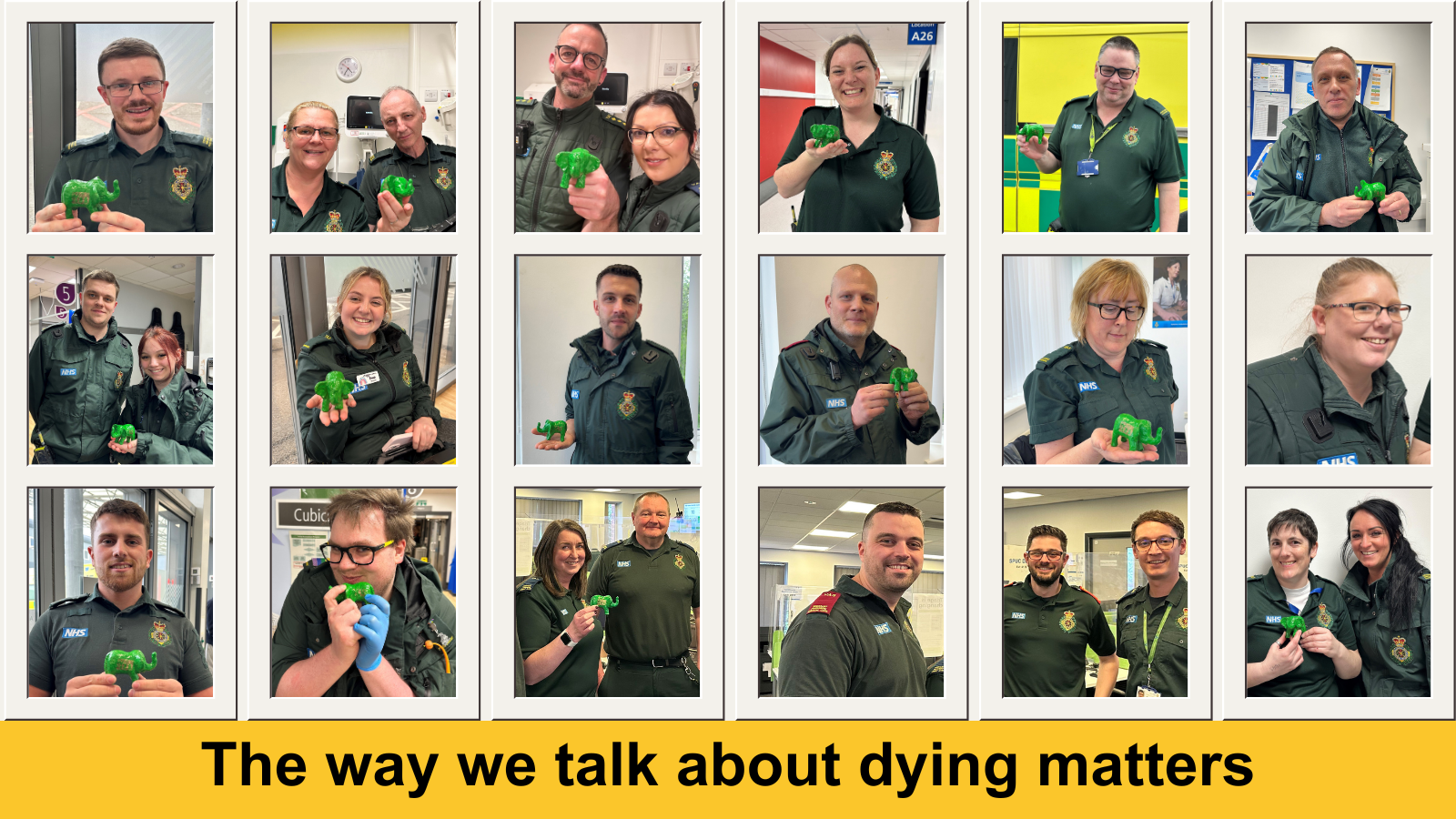 Eighteen individual photos of ambulance staff holding a toy elephant to illustrate how they are confronting the elephant in the room and opening up conversations about death and dying