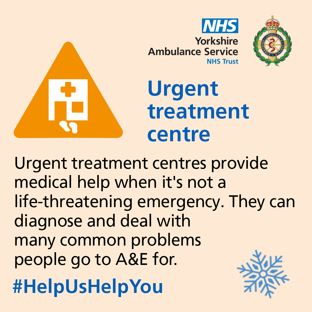 Urgent treatment centres provide medical help when it's not a life-threatening emergency. They can diagnose and deal with many common problems people go to A&E for.